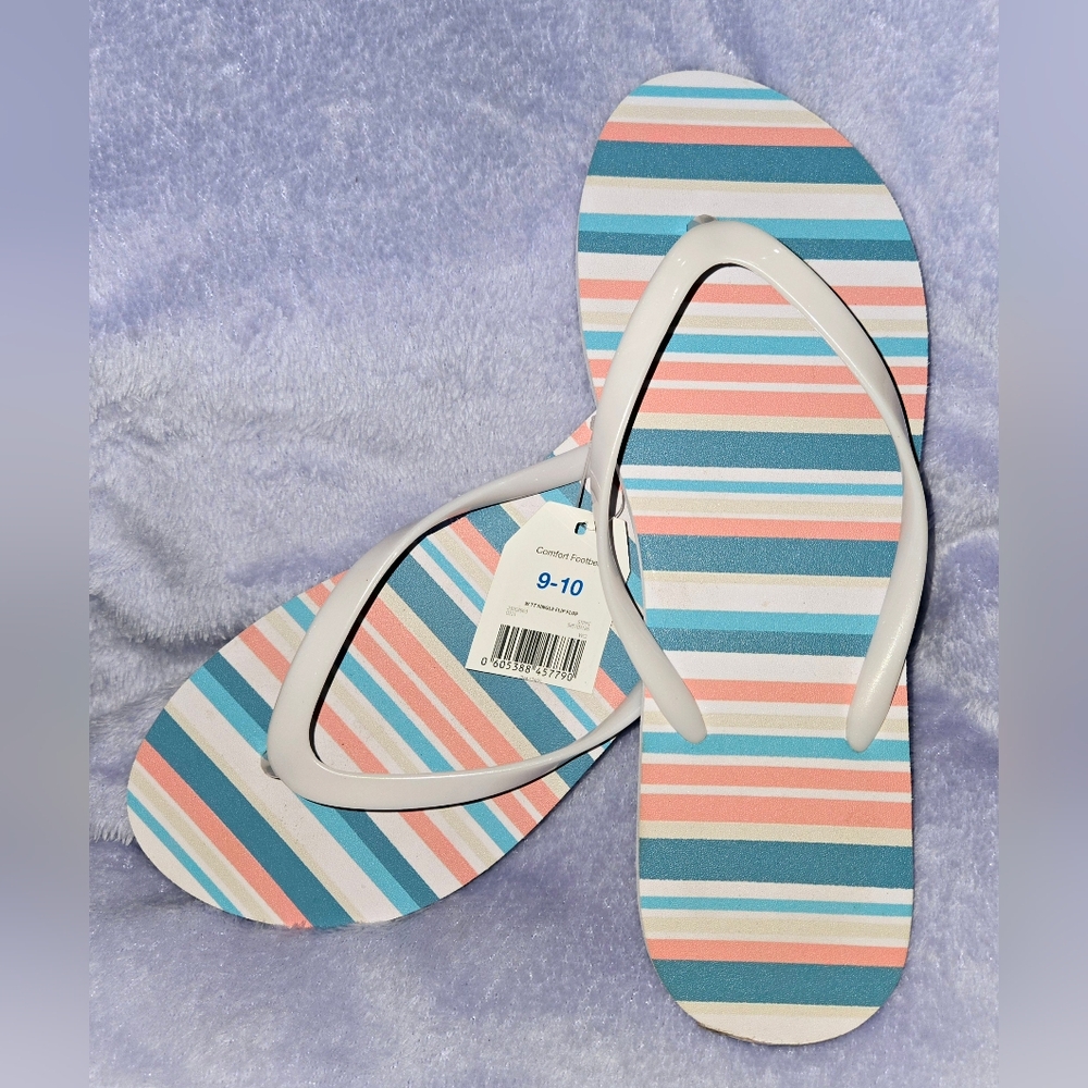 NWT Blue & Coral Striped Flip Flops Size 9-10 Time & Tru